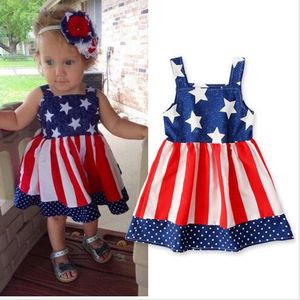 Bebek Kız Giysileri Çocuklar Bağımsızlık Günü Elbise Kızlar Yıldız Şerit Baskı Bayrağı ABD Amerikan Prenses Elbiseler Bebek Askı Kolsuz LT585