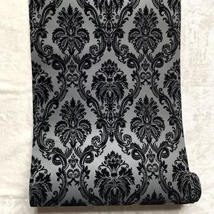 Black Damask Wallpaper 3D velvet Wall Paper Roll Luxury Textured Non Woven For Bedroom Living Room damask flock wallpaper