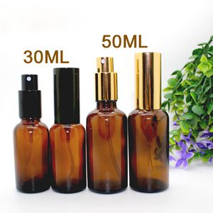 30ML 50ML إفراغ الزجاجات البخاخ العنبر البخاخة إعادة الملء رذاذ زجاجات فيال مع الذهب الأسود مضخة كاب للعطور مستحضرات التجميل المياه