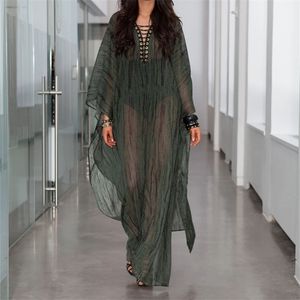 2020 Sexy Lace Up Deep V-Neck Loose Long Summer Beach Dress Plus Size Women Beachwear Bats Sleeve Black Chiffon Maxi Dress N977