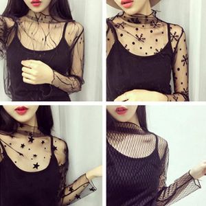 Nya Kvinnor Sexiga Harajuku Mesh Toppar Net Se igenom T-shirt Transparent Underhirt Star Base Topp Camisas Femininas Clubwear 22 färger