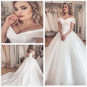 Arabic Vintage Sparking Tulle Ball Gowns Wedding Dresses 2020 Off The Shoulder Beaded Crystals Bridal Wedding Gowns With Lace Up