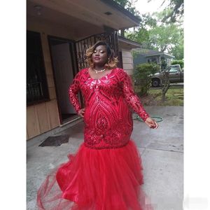 Rozmiar plus czerwone sukienki mermai cekiny Tiulle długie rękawy V szyja z koraliki afrykańska formalna suknia