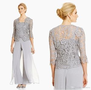 Elegant Silver Mother Of The Bride Pant Suits Plus Size Groom Mother Evening Party Suit Chiffon Trousers Outdoor Lace Wedding Guest With Jacket Women Chic Formal Wear