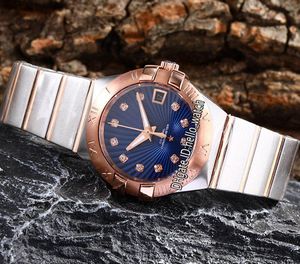 Ny Fashion 27mm Constellation 123.20.27.20.53.001 Blue Renning Japan NH05 8520 Automatisk Kvinnor Watch Tow Tone Rose Gold Steel Band Lady Watch