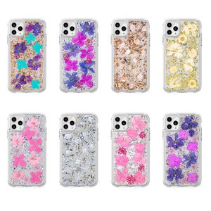 Custodie trasparenti per fiori secchi reali per iPhone 13 12 Mini 11 Pro XS Max X XR 6 7 8 Plus Bling lamina antiurto Custodia rigida protettiva per PC a doppio strato Custodia morbida per telefono in TPU