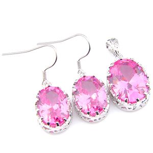 LuckyShine Brautschmuck-Sets, ovale natürliche rosa Topas-Edelsteine, silberne baumelnde Ohrringe, Anhänger-Sets für Damen