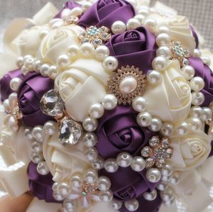 Elfenben Silk Satin Rose Wedding Flower Buquets Multi Purple Royal Blue Bridal Wedding Flowers for Bridesmaid Diamond Pearls Crystal258y