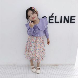 2019 Autumn Girl Children Pearl Sweater Children Toddler Girl Peter Pan Collar Cardigan Green/Yellow/Purple Sticking Cardigan