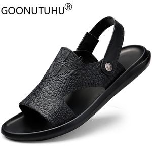 Sandálias moda moda masculina casual couro genuíno de verão Sapatos respiráveis ​​apartamentos machos sandália de praia do lado de fora para homens