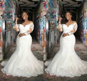 Setwell Plus Size Mermaid Wedding Dresses Sheer Jewel Neck Long Sleeves Lace Appliques Floor Length Wedding Dress Bridal Gowns Robe