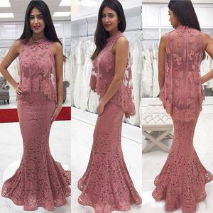Full Lace Mermaid Dresses Evening Wear With Overpull Formal High Neck Ärmlös Prom Party Gowns Custom Made Veatidos defiesta
