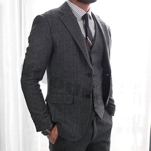 Slim Fit Dois Botões Cinza Tweed Casamento Noivo Smoking Notch Lapela Groomsmen Homens Ternos Blazer Prom (Jaqueta + Calça + colete + Gravata) NO: 1975