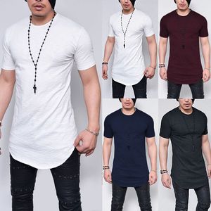 QNPQYX Men Rock T-shirt Extended Length Long line T-shirt Men's clothing Curved Hem Hip Hop Streetwear Clothing Solid Color Tee TP17