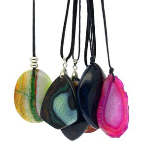 Moda natural gem jóias DIY handmade multicolor pedra de ágata fatias de couro colar de pingente de corda