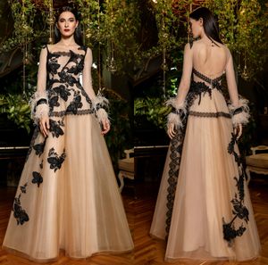 2020 Elegant Evening Dresses Long Sleeves Lace Appliques Feather Prom Gowns Custom Made Sweep Train A Line Special Occasion Dress