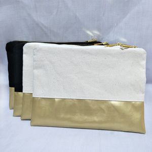 1pc algodão natural / cosméticos saco de lona preta com fundo de ouro couro impermeável cor correspondente forro em branco saco 7x10in maquiagem em estoque