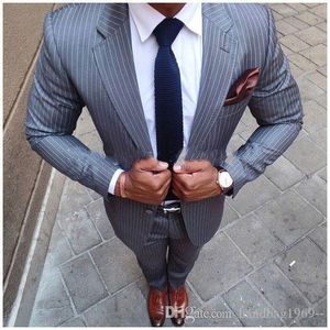 High Quality Two Button Grey Stripe Groom Tuxedos Groomsmen Notch Lapel Best Man Blazer Mens Wedding Suits (Jacket+Pants+Tie) D:21