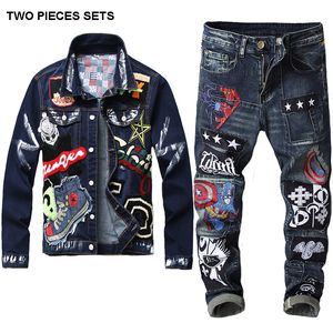 Jaquetas vintage Conjuntos de jeans Fatos de treino masculinos Slim Beauty Captain Badge Stitching Jaqueta jeans + Calças bordadas Conjunto de 2 peças Streetwear Conjuntos para homens