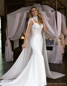 Plus storlek spets sjöjungfru bröllopsklänningar med avtagbar wrap hög juvel nacke baklöst spets applique golv längd bröllopsklänning brudklänningar