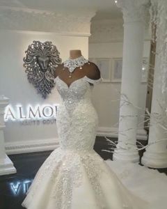 New Sexy Luxury Dubai Arabic Mermaid Wedding Dresses High Neck Illusion Lace Appliques Crystal Beaing Hollow Back Tulle Formal Bri2570