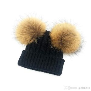 Barn vinter hatt med 2st päls pompoms pojke tjejer naturlig päls boll beanie barn kepsar dubbel verklig päls pom pom hatt för barn