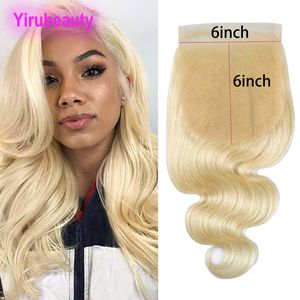 Indian Raw Virgin Hair 6x6 spetsstängning Middle Three Free Part Body Wave 613# Blond Color 6 by 6 Stängning med babyhår