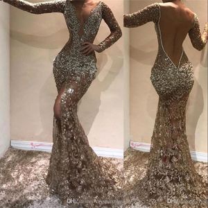 New Cheap Bling Dresses Deep V Neck Long Sleeves Illusion Sequins Crystal Beads Front Split Backless Party Dress Formal Prom Gowns