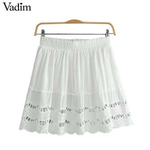 Vadim kvinnor broderi ihålig ut mini kjol chic solid falda mujer elastisk midja kvinnlig avslappnad söt vit en linje kjolar ba567 y1904002