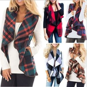 Manta Waistcoat Mulheres Verifique Cardigan Grade Inverno Inverno Sem Mangas Coletes Impresso Casaco de Lapela Casual Casacos Casuais Tops Blusas B6789