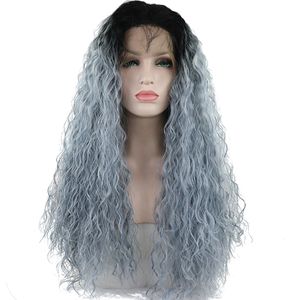 Frontal peruker cosplay syntetisk spets fram peruk med baby hår ombre ljusblå långt lockigt hår för kvinnor
