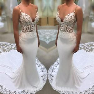 New Lace Satin Mermaid Wedding Dresses Sexy Spaghetti Straps Illusion Bodice Bridal Gowns With Court Train Wed Dress