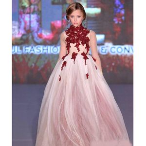 Lace High Neck Little Girls Pageant Dresses Appliques Toddler Ball Gown Flower Girl Dress Floor Length Tulle Beaded First Communio241z