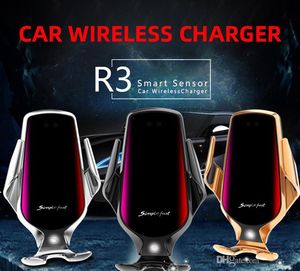 R3 10W Qi Fast Wireless Charger Charging Automatisk klämmor SMART SENSOR qi induktionsbil Telefonmonteringsställ för iPhone Samsung MQ100
