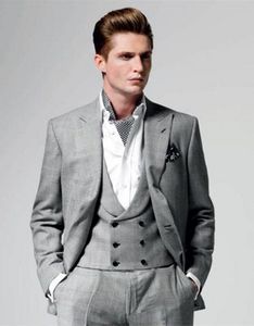 New Design Light Grey Slim Fit Groom Tuxedos Peak Lapel One Button Groomsmen Mens Wedding Dress Excellent Man Suit(Jacket+Pants+Vest+Tie)95