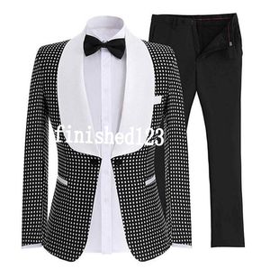 One Button Black/Blue/Navy Blue Polka Dot Groom Tuxedos Shawl Lapel Men Suits 2 pieces Wedding/Prom/Dinner Blazer (Jacket+Pants+Tie) W801