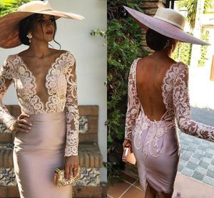 Pink Satin Sheath Mother Of The Bride Dresses Deep V Neck Long Sleeves Short Prom Gown Lace Appliqued Backless Cocktail Party Dress AL3190