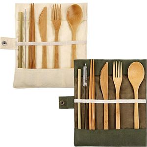 7pcs/Set Bamboo Cutlery Flatware Set Bamboo Travel Utensils Include Reusable Knife Fork Spoon Chopsticks Straws with Storage Bag wholesale