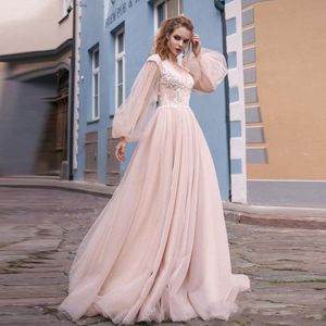 Wholesale boho wedding dresses blush resale online - Newest Blush Pink Tulle Puffy Long Sleeves Wedding Dresses with Embroidery Sexy Backless Boho Bridal Gowns A Line Dress