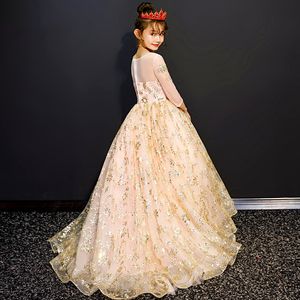 gold luxury Handmade Flower Girls Dresses for wedding long sleeve Princess Kids Floor Length Bridesmaid Girl Pageant sequined Ball Gown