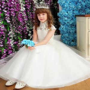 High Neck Big Bow Lace Flower Girl Dress Cap Sleeve Long Ball Gown Toddler Formal Wear for Party Birthday Dress Custom Size