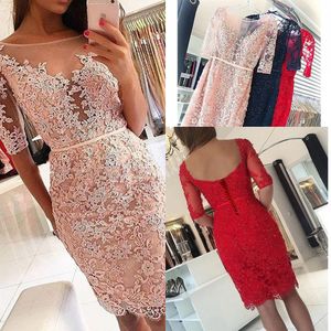 Blush Pink Sexy Cocktail Dresses Sheer Scoop Neck 1/2 Sleeves Lace Appliques Beads Knee Length Sheath Celebrity Prom Party Homecoming Gowns