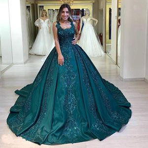 Aqua Teal Beaded Lace Evening Dresses Formal Ball Gown Spaghetti Strap Appliques Sequins Ruched Long Celebrity Prom Quinceanera Gowns BC3038