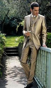 Renk Altın Yeni Varış Çentikli Yaka Düğün Damat Takım Elbise Üç Adet (Blazer + Pantolon + Yelek) Satılık Klasik Ziyafet Giyim Seti