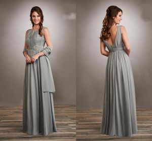 2020 New Arrival Draped Bodies Gray Chiffon Mother Of The Bride Dresses With Wrap V Open Back Pearls Applique Flowers Waist Social Occasion