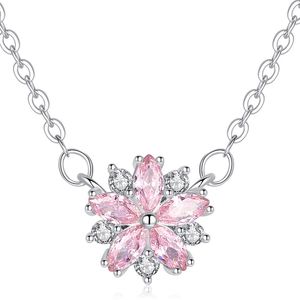 Kristall-Blumen-Anhänger-Halsketten für Damen, Silber-Gliederkette, rosa Sakura-Kirsche, Valentinstag, Weihnachten, Schmuck, Geburtstagsgeschenke für Freundin