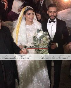 Chamagne 3D Flowers Ball Gown Wedding Dresses Muslim långa ärmar Öppna rygg plus storlek Brudklänning riktiga bilder348l