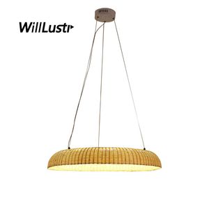 Nowoczesna lampa wisiorek minimalistyczny pierścieniowy LED bambusowa dziana restauracja kawiarnia bar stołówka herbata handmade wiszące zawieszenie światło