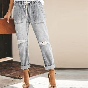 Mulheres elásticas cintura bolsos jeans denim buracos calças joelho rasgado calças soltas
