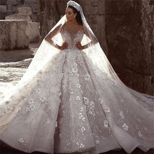 Autunno Africano Dubai Abiti da ballo di lusso Abiti da sposa Paillettes lucidi con perline Abiti da sposa con collo trasparente Abito da sposa con applicazioni di fiori 3D